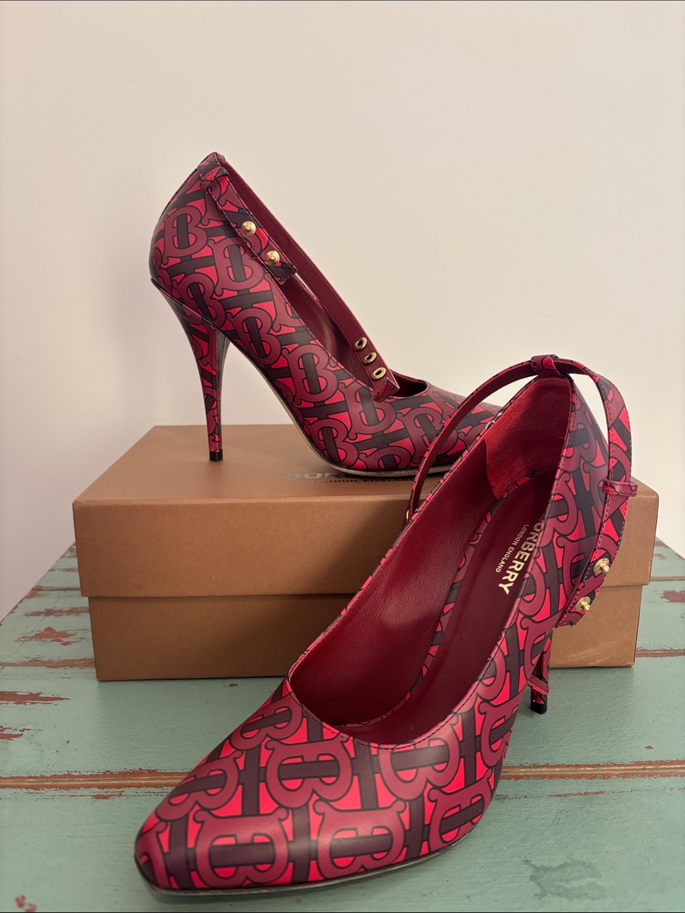 Burberry Red Logo Ankle-Strap Pumps - Women's High Heel
